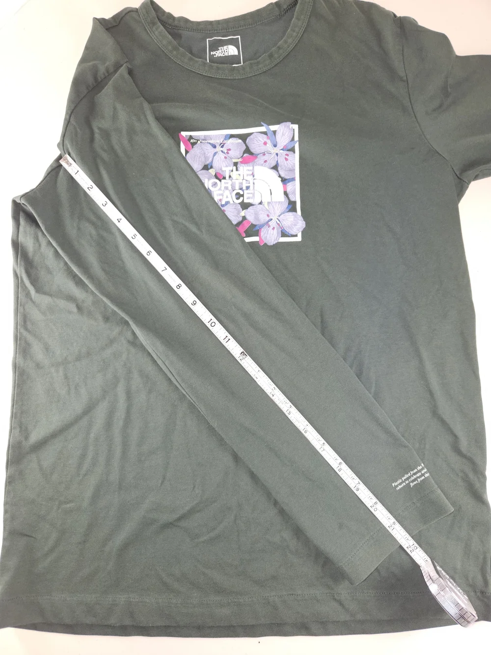 NORTH FACE Shirt Men Medium  Floral Logo Long Sleeve Dark Green Outdoors